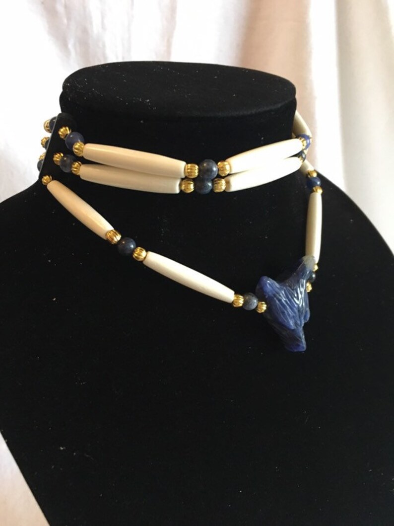 sodalite stone gold plated beads blue denim wolf head pendant or necklace 2 row bone hair pipe