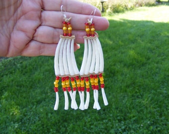 Traditional style dentalium earrings, Czech Republic glass beads, red and yellow, tusk shell sea shell