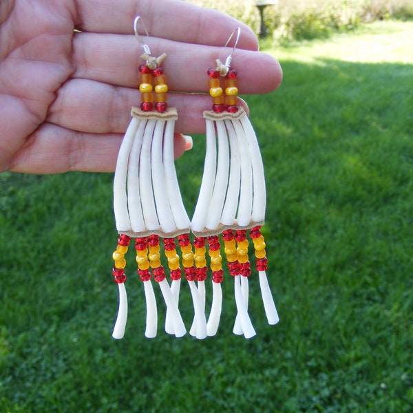 Traditional style dentalium earrings, Czech Republic glass beads, red and yellow, tusk shell sea shell