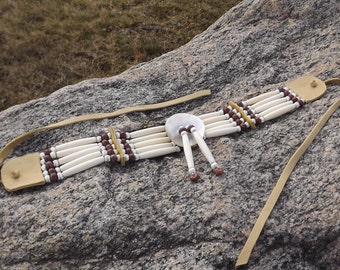 Bone hairpipe choker, jasper, black lip shell, gorget, native, leather, mens, womens, pow wow, regalia, brown, brick red, plains style