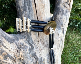 Black horn hair pipe choker, black lip shell, silver with black horn, native style, pow wow, tribal