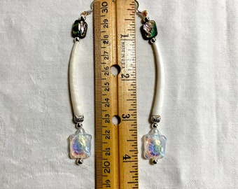 Dentalium earrings, Czech glass turtle, abalone shell, hypoallergenic hooks, pierced ears