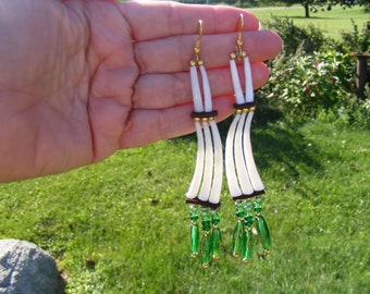 Dentalium Shell Earrings, Emerald Green Czech Glass, Native Style