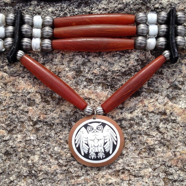 Owl totem choker, native american hair pipe, white heart glass, black leather, amber horn, unique, modern american indian