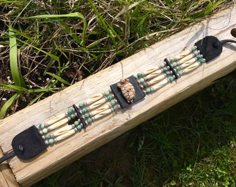 Turtle carved, cut bone hair pipe, black deerskin leather, native style choker, hairpipe, fancy cut, green tree agate