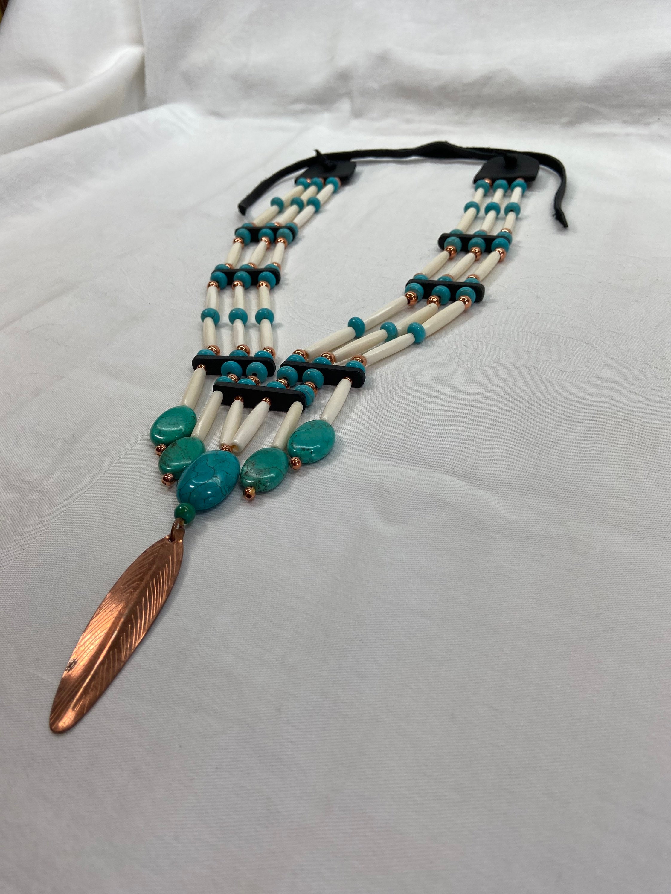 Turquoise and Bone Hair Pipe Necklace, Copper Feather Pendant, Boho ...