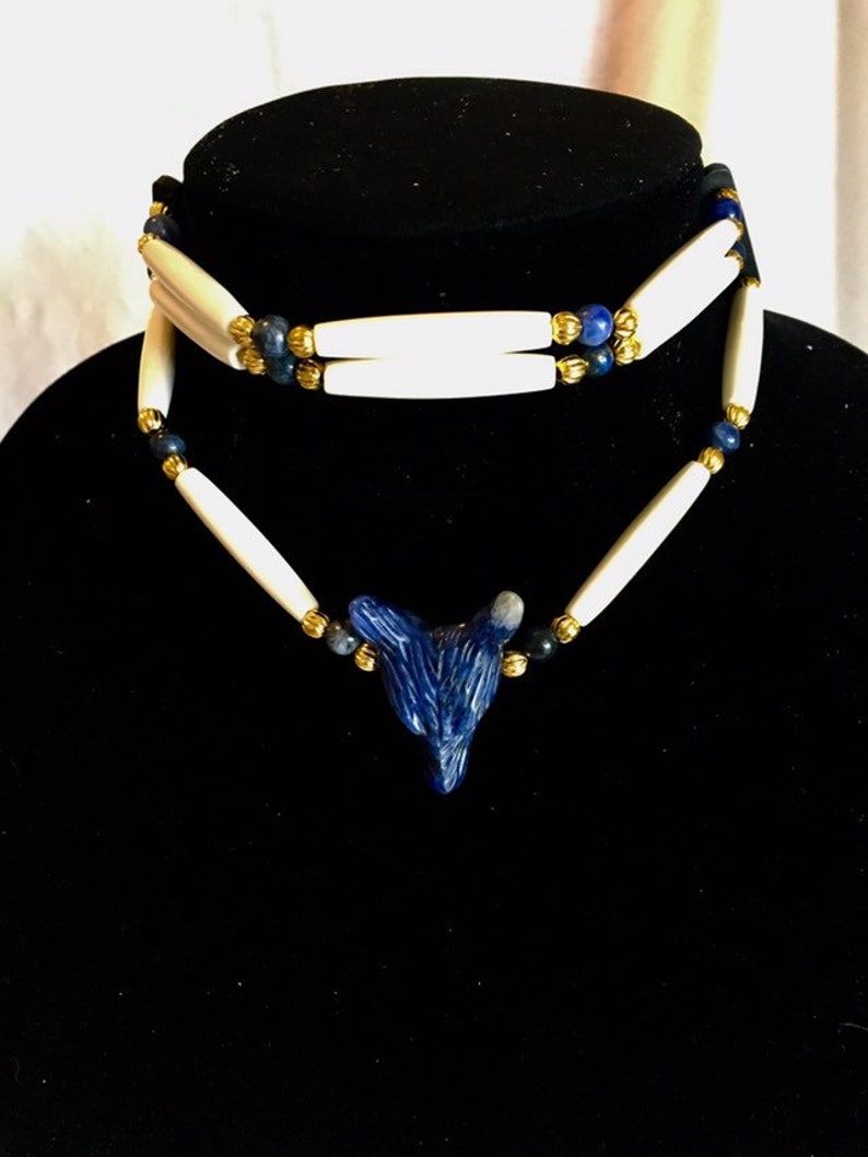 sodalite stone gold plated beads blue denim wolf head pendant or necklace 2 row bone hair pipe