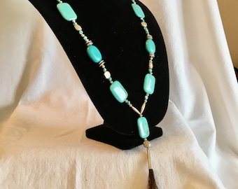 Turquoise necklace with horse hair tassle, southwest style, silver plated melon beads, western cross beads, tin cone, lightweight