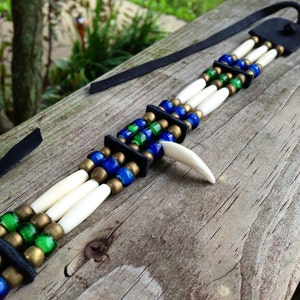 Coyote tooth, bone hairpipe choker,green, blue, Native American style, brass, copper, white, black, deerskin leather, Plains Indian style image 1