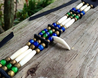 Coyote tooth, bone hairpipe choker,green, blue, Native American style, brass, copper, white, black, deerskin leather, Plains Indian style