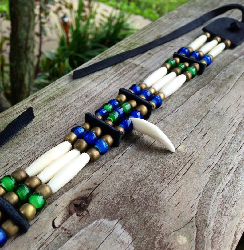 Coyote tooth, bone hairpipe choker,green, blue, Native American style, brass, copper, white, black, deerskin leather, Plains Indian style image 1