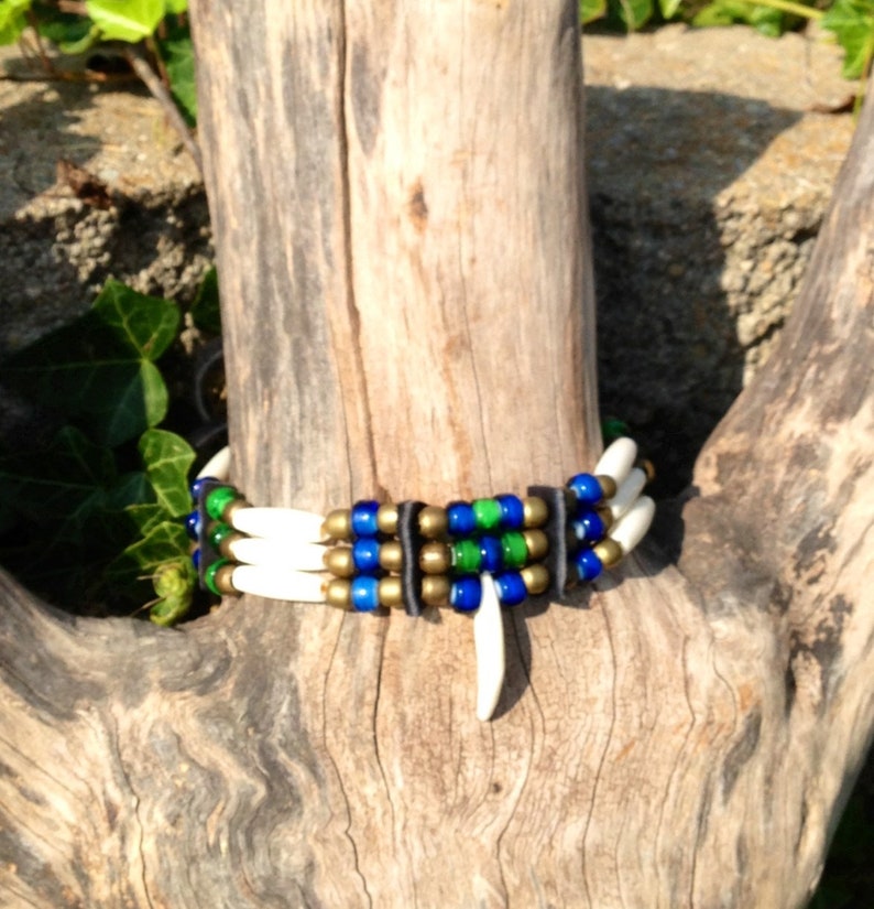 Coyote tooth, bone hairpipe choker,green, blue, Native American style, brass, copper, white, black, deerskin leather, Plains Indian style image 3