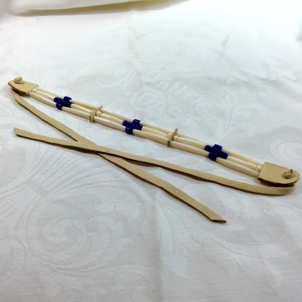 hair pipe choker, bone and glass, necklace, native american style, american indian style, pow wow regalia, indigo blue tile beads deer