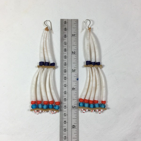 Dentalium earrings, museum reproduction indian tusk shell old native american style, cobalt blue, red, turquoise glass, trade beads,