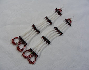 Dentalium shell earrings, red glass beads, black leather, white tusk shell red white and black earrings