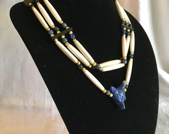 Wolf totem adjustable choker or necklace, sodalite stone, gold plated beads, blue, bone hairpipe