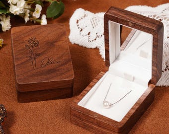 Boîte à collier personnalisée en noyer noir, boîte à bijoux en bois à graver pour pendentif, cadeaux pour femme, cadeaux d'anniversaire, cadeaux de fête des mères