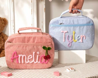 Personalisierte Kinder Lunch Tasche, Warme Lunch Tasche, Handgewebte Baumwolle Schule Lunchbox, Gestrickte Name Cord Tasche, Individuelle Geschenke für Kinder