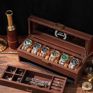 Caja para reloj personalizada grabada, caja de madera de 2 capas, estuche de joyería personalizado para hombre, regalos de cumpleaños, regalos de aniversario para hombres, regalos para el esposo