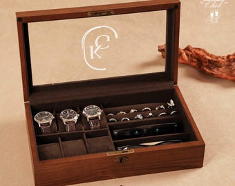 Personalisierte Uhrenbox Display, Sonnenbrille Aufbewahrungskoffer, Schmuckschatulle, Hochzeitsgeschenk für Bräutigam, gravierte Monogramm Uhrenbox Geschenk für Weihnachten