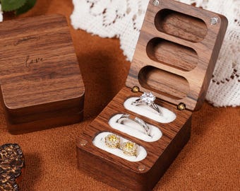 Boîte à bagues en bois personnalisée à 3 emplacements pour bagues de couple, gravure sur porte-bague de cérémonie de mariage, porte-alliances unique, cadeaux d'anniversaire