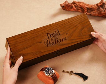Boîte à montres en bois personnalisée, présentoir de boîte à bijoux gravé 6 emplacements, cadeau d'anniversaire pour lui, cadeau petit ami, boîte à bijoux personnalisée pour homme