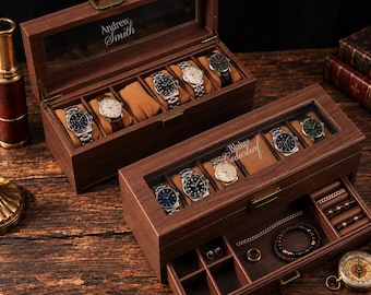 Personalized Watch Box for Men, Custom Engraved 6 Watch Organizer with Glass Lid, Wooden Display Case, Bulk Groomsmen Wedding Gift
