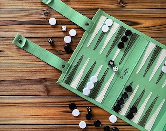 Personalized Travel Backgammon Set, Green Backgammon Board, 3 Color Options, Custom Game Set with Pieces