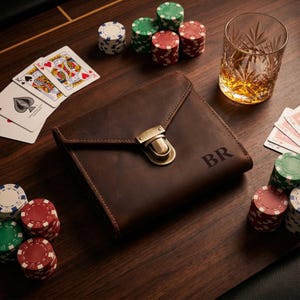 Personalized Genuine Leather Playing Card Case, Custom Engraved Travel Game Case Set, Poker Card Storage with Pen Slot, Gift for Poker Night