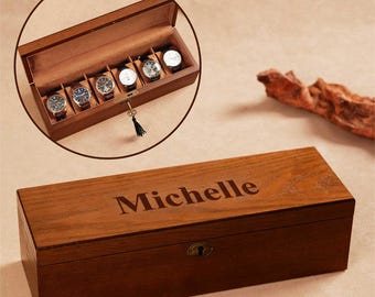 Personalisierte Holz 6 Slots Uhrenbox, gravierte Schmuckschatulle Display, Geburtstagsgeschenk für ihn, Freund Geschenk, kundenspezifische Weihnachtsgeschenke für ihn