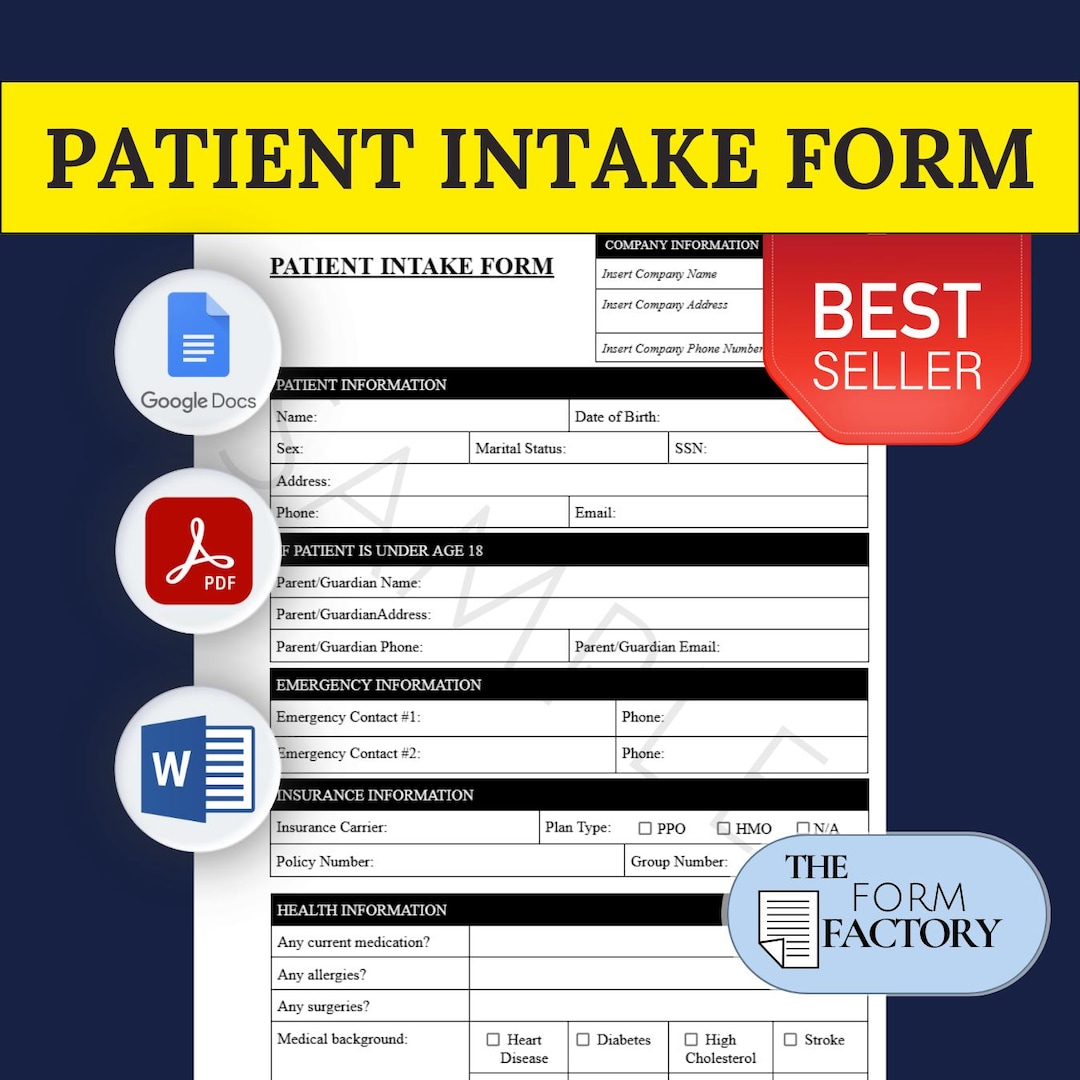 Patient Hospital Intake Form PRINTABLE FILLABLE Form † Digital Template ...