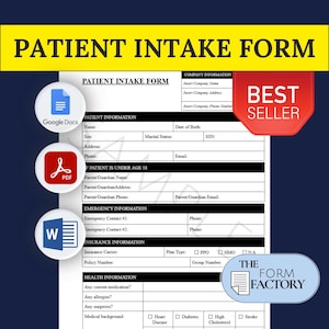 May include: A black and white printable patient intake form with sections for patient information, emergency contact, insurance information, and health information. The form includes fields for name, address, date of birth, sex, marital status, phone number, email, insurance carrier, plan type, policy number, group number, any current medication, allergies, surgeries, and medical background. The form also includes a section for parent guardian information if the patient is under 18 years old.
