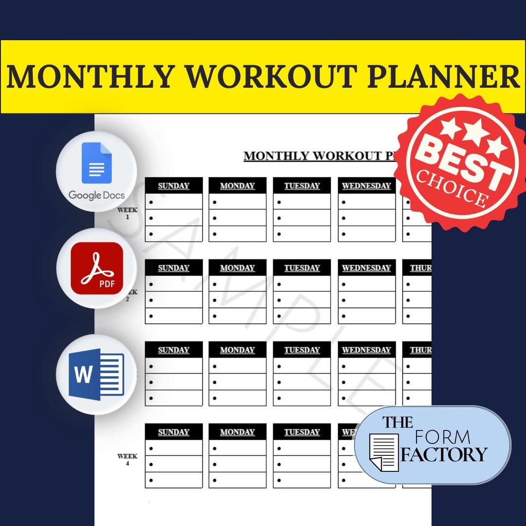 Monthly Workout Planner PRINTABLE FILLABLE Form † Digital Template (pdf ...