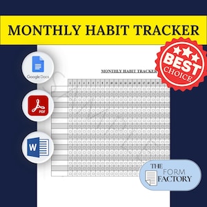 Könnte beinhalten: Ein druckbarer monatlicher Gewohnheits-Tracker mit einem Raster aus Kästchen zum Abhaken täglicher Gewohnheiten. Der Tracker ist mit "Monatlicher Gewohnheits-Tracker" beschriftet und hat ein "Beste Wahl"-Abzeichen. Das Dokument ist in den Formaten Google Docs, PDF und Word verfügbar.