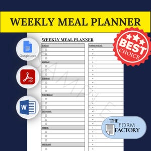 Könnte beinhalten: Ein druckbarer wöchentlicher Speiseplan mit einem Abschnitt für die Einkaufsliste. Der Planer ist in den Formaten Google Docs, PDF und Word verfügbar. Der Planer hat eine gelbe Kopfzeile mit dem Text "Weekly Meal Planner" und einen roten Stern mit dem Text "Best Choice".