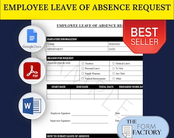 Employee Leave of Absence Form PRINTABLE FILLABLE Form † Digital Template  (PDF/Google Doc/Word) Instant Download Editable Business Document