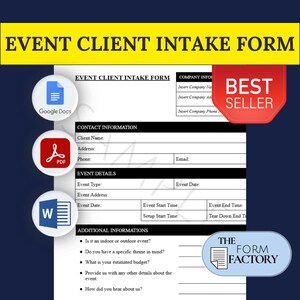 Può includere: Un modulo di intake per clienti di eventi stampabile in bianco e nero con sezioni per informazioni di contatto, dettagli dell'evento e informazioni aggiuntive. Il modulo è etichettato "EVENT CLIENT INTAKE FORM" e ha un badge "BEST SELLER" nell'angolo in alto a destra.