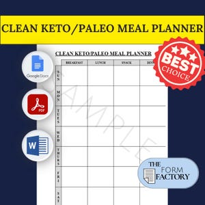 May include: A printable meal planner template for a clean keto or paleo diet. The template is divided into days of the week and meal categories: breakfast, lunch, snack, and dinner. The template is available in Google Docs, PDF, and Word formats. The text "Best Choice" is in a red starburst.