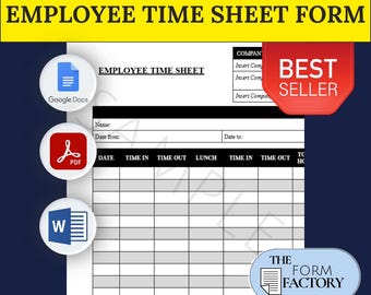 Employee Time Sheet Record Form PRINTABLE FILLABLE Form † Digital Template (PDF/Google Doc/Word) Instant Download Editable Business Document