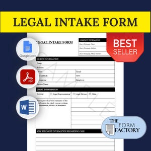 Puede incluir: Un formulario de admisión legal en blanco y negro con secciones para la información del cliente, la información legal y cualquier información relevante con respecto al caso. El formulario se titula "Formulario de admisión legal" y tiene una etiqueta "Mejor vendedor" en la esquina superior derecha.