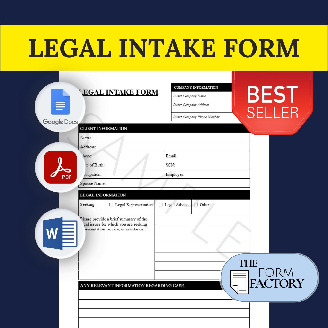 Legal Client Intake Form PRINTABLE FILLABLE Form † Digital Template (PDF/Google Doc/Word) Instant Download, Editable Business Document
