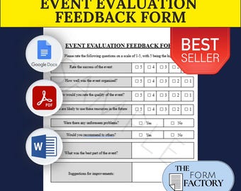 Event Evaluation Feedback PRINTABLE FILLABLE Form † Digital Template (PDF/Google Doc/Word) Instant Download, Editable Business Document