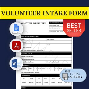 May include: A black and white volunteer intake form with sections for company information, volunteer information, and availability. The form includes fields for name, address, date of birth, email, spoken languages, skills, certificates, and experiences. The form also includes a section for parent guardian information if the volunteer is under 18 years old. The form has a calendar grid for scheduling availability.