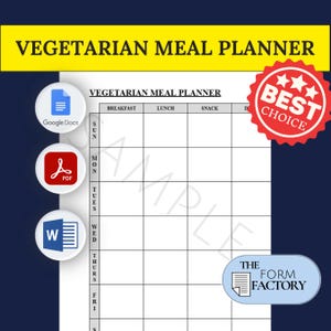 May include: A printable vegetarian meal planner with a black and white grid and headings for breakfast, lunch, snack, and dinner. The days of the week are listed down the left side: Sunday, Monday, Tuesday, Wednesday, Thursday, Friday, and Saturday. The planner is labeled "Vegetarian Meal Planner" and has a "Best Choice" badge in the top right corner.