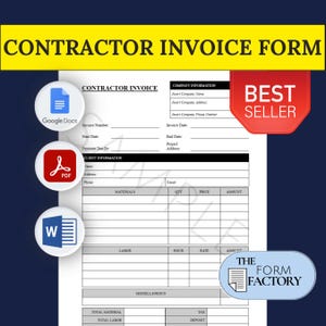 May include: A black and white contractor invoice form template with fields for company information, client information, materials, labor, and miscellaneous expenses. The form is labeled "Contractor Invoice Form" and "The Form Factory".