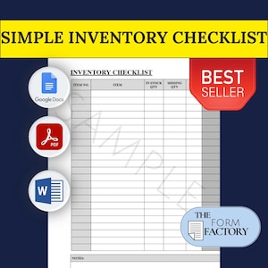 May include: A simple inventory checklist template with a yellow banner that reads "SIMPLE INVENTORY CHECKLIST." The checklist includes sections for item number, item, in-stock quantity, and missing quantity. A red "BEST SELLER" tag is visible.