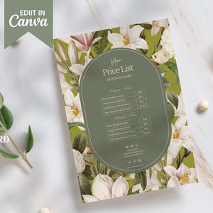 Könnte beinhalten: Eine grüne und weiße Preisliste mit einem floralen Design. Die Preisliste trägt den Titel "Price List" und enthält einen Firmennamen. Die Liste enthält Kategorien und Preise für verschiedene Dienstleistungen.