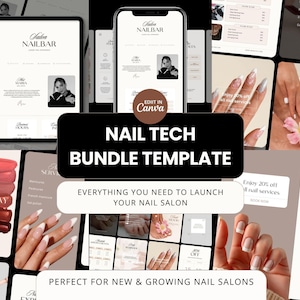 May include: A digital marketing bundle template for nail salons featuring various layouts, including mobile and tablet views, service menus, appointment scheduling, and nail art photography, with the text NAIL TECH BUNDLE TEMPLATE.