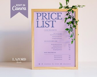May include: A light purple price list sign with a wooden frame. The sign lists prices for facial treatments, advanced skincare, and body treatments. The sign is on a white surface with a green plant in the background.