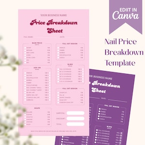 May include: A pink and purple printable price breakdown sheet for nail services. The sheet includes sections for base price, add-ons, bling, full set design, and shape. The sheet is designed to be edited in Canva.